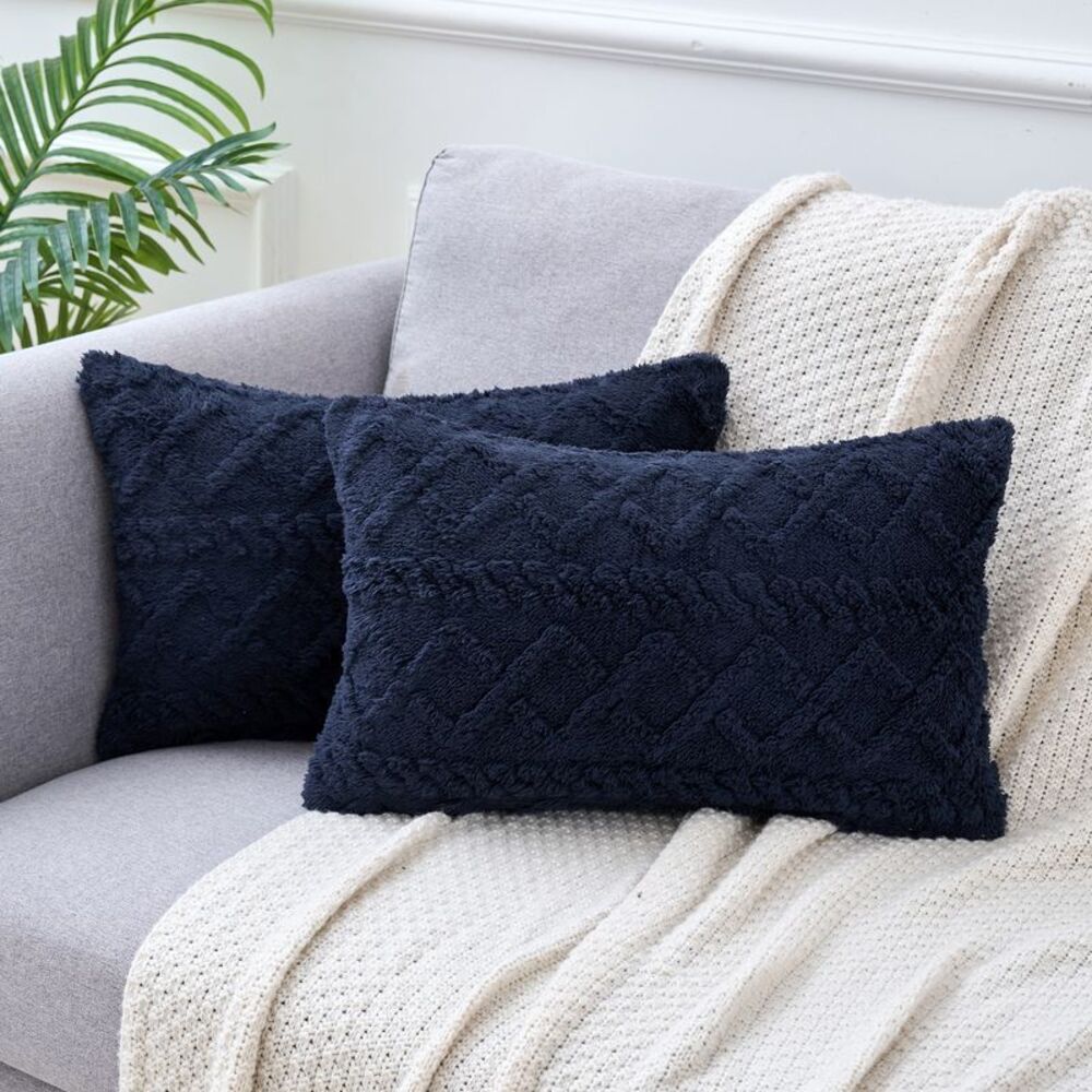 2pcs Short Plush Solid Throw Pillow Covers for Sofa 12 x 20 Inch Dark Blue